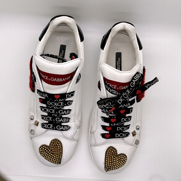 Dolce & Gabbana White Leather Portofino Gold RedHeart Low Top Sneakers Size 38 - Picture 6 of 13